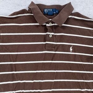 Polo Ralph Lauren Mens Brown White Striped Short Sleeve Polo Shirt Large Cotton